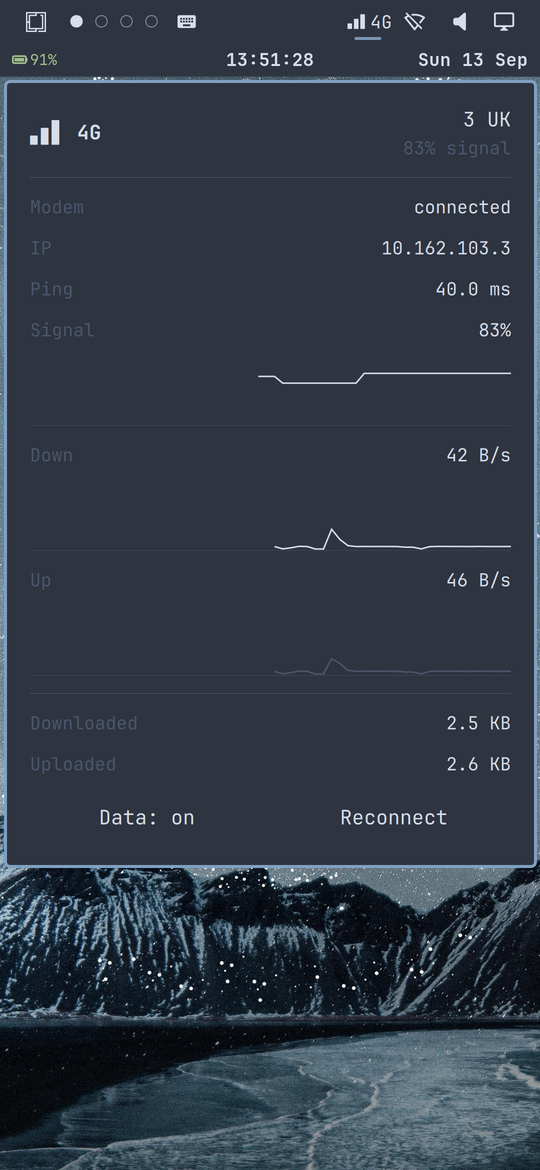 The cellular panel open showing 3 UK, 4G, signal, IP address, ping and bandwidth graphs