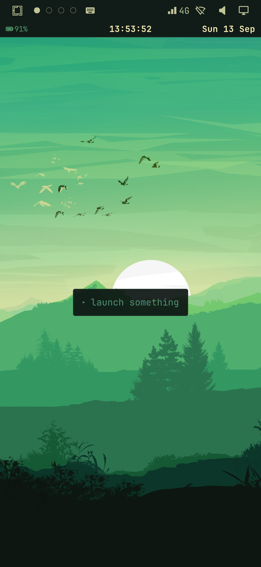 The phone on a green forest theme with both bar rows themed to match and the launch something hint showing