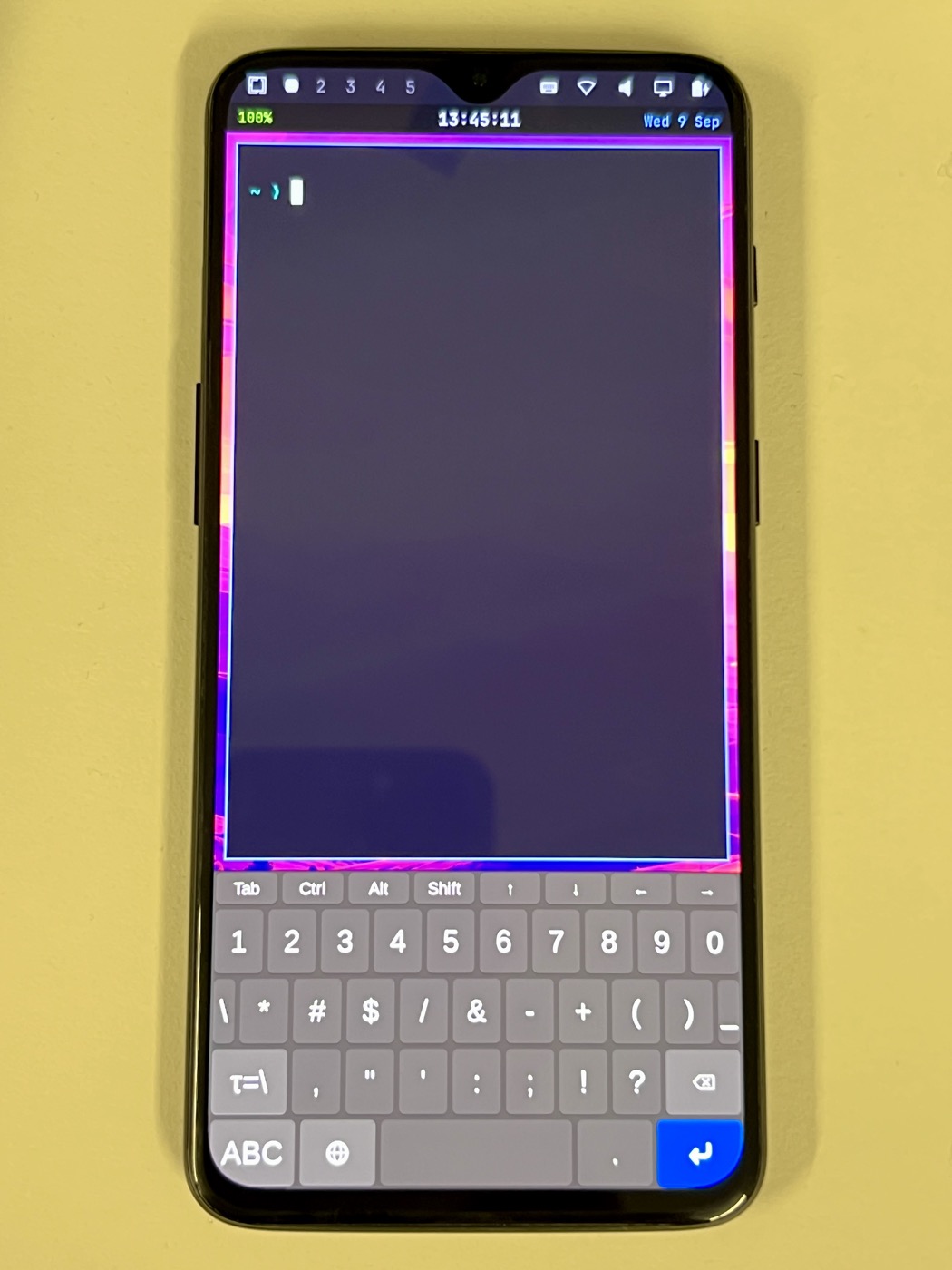 The on-screen keyboard below a terminal on the phone