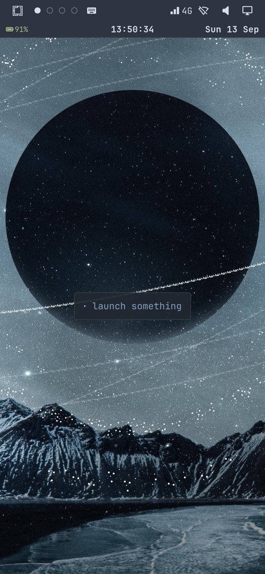The phone's home screen: an empty workspace with the launch something hint card over a starry wallpaper