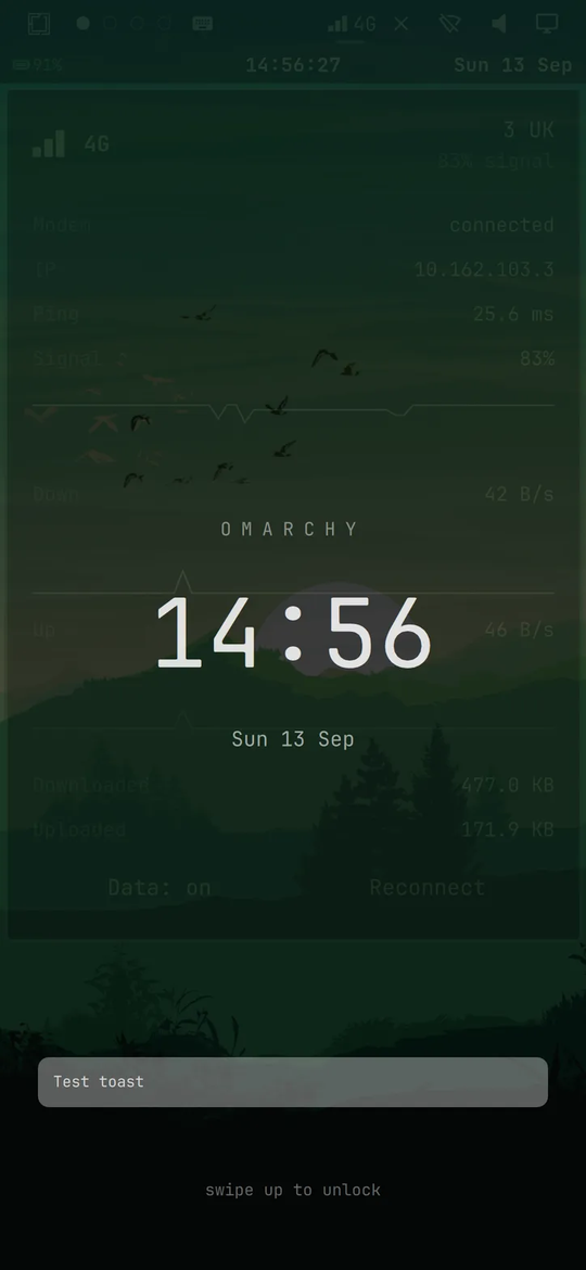 The phone's lock screen: a dimmed wallpaper with the clock